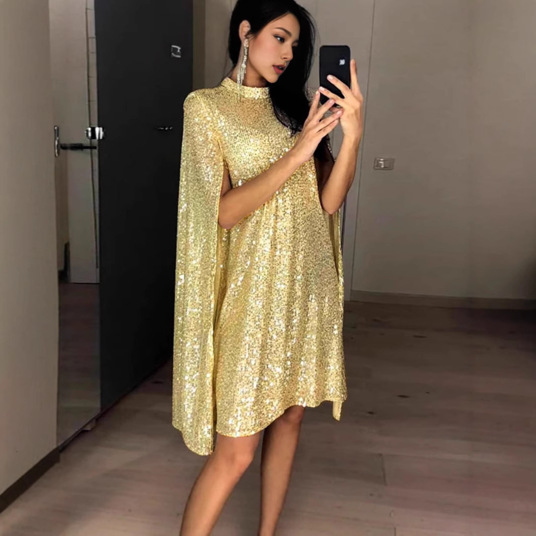 2025 cape gold summer new style small stand up collar sequin dress loose womens clothing