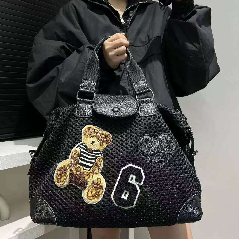 Women's Bags Designer Ladies' Fashion Mesh Splicing Casual Handbag With Multiple Pockets, Small Bear Patch, Single Shoulder Diagonal Cross B