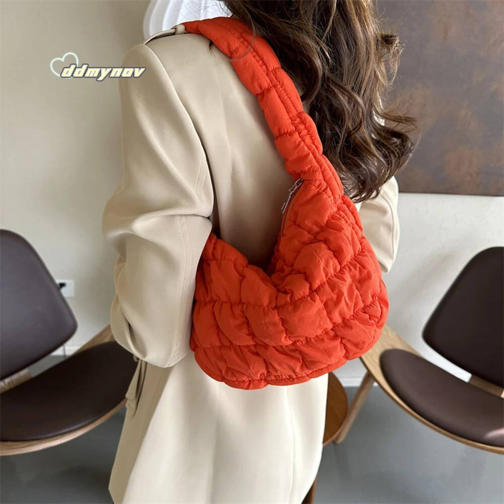 Korean Ruched Solid Underarm Plaid Quilted Women Small Handbag Bubble Embroidered Ladies Shoulder Winter Cotton Tote Bag ddmynov