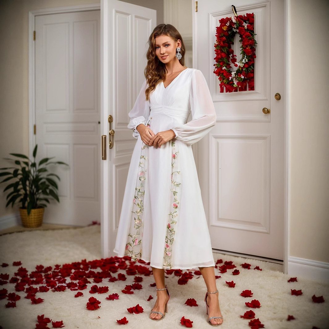 New white fluffy skirt versatile V-neck lantern sleeves mid length skirt banquet wedding bride gift party