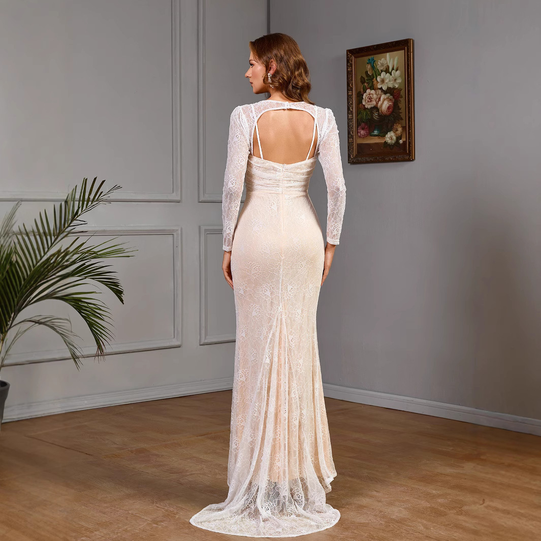 New sexy lace long sleeved slim fit wedding dress with hip wrap