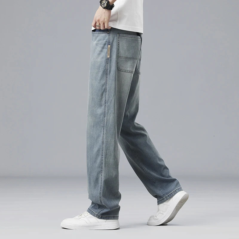 Summer Ultrathin Lyocell Mens Jeans Drape Soft Fabric Loose Straight Casual Denim Pants Elastic Ice Silk Male Trousers 250520Z