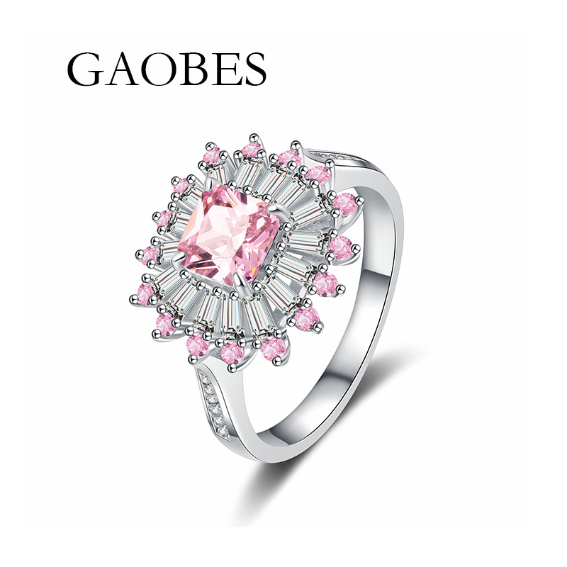 S925 Sterling Silver Princess Cut Pink Ring for Women with Sunburst Cluster Design, Korean Elegant Jewelry for Engagement or Cocktail Party