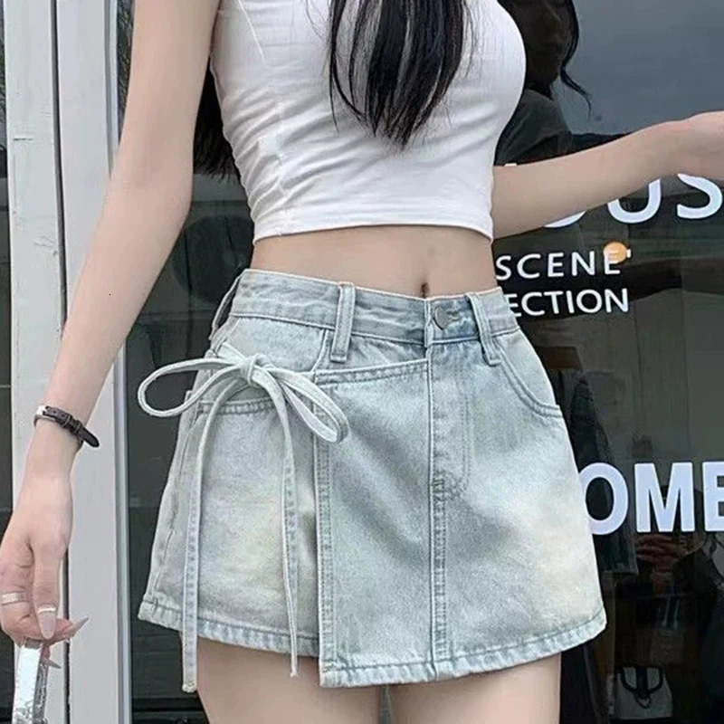 Fashion Bow Knot ALine Denim Skirt Korean Asymmetrical Split Blue Ladies Summer Basic High Waist Skirts Mujer 250516Z