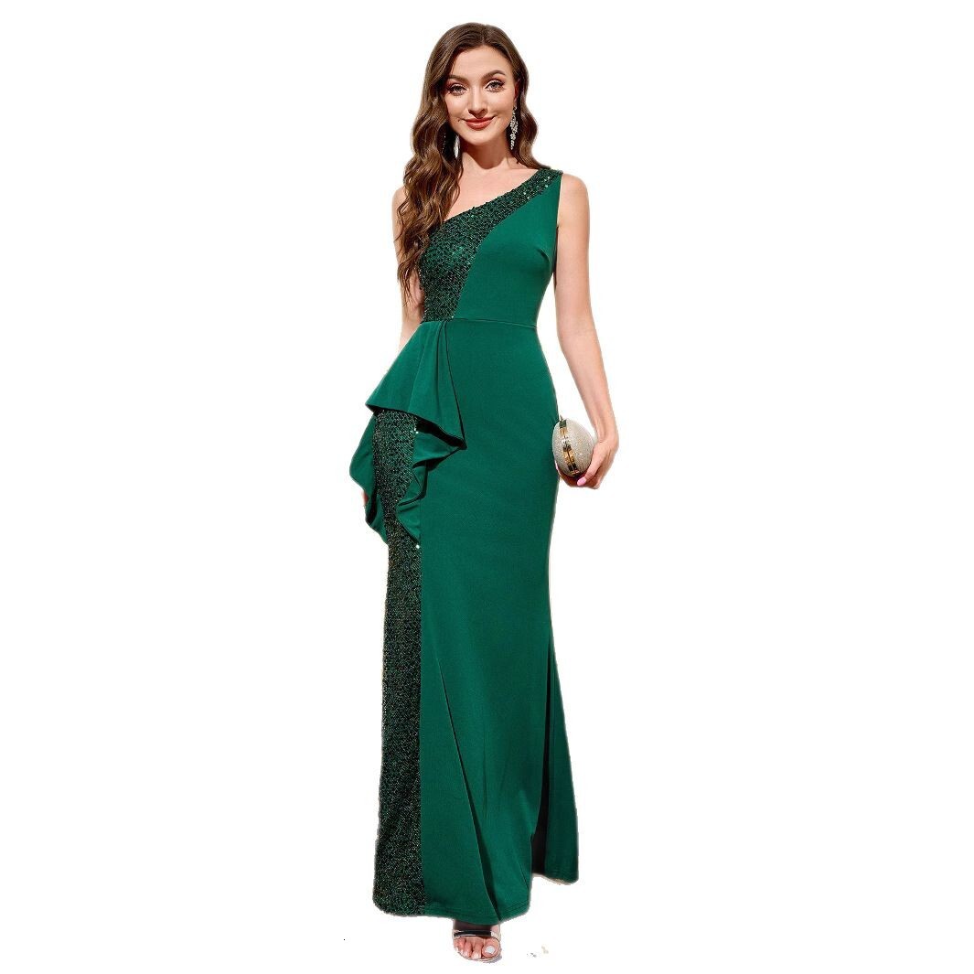 womens light luxury high-end banquet temperament single shoulder dress evening gown