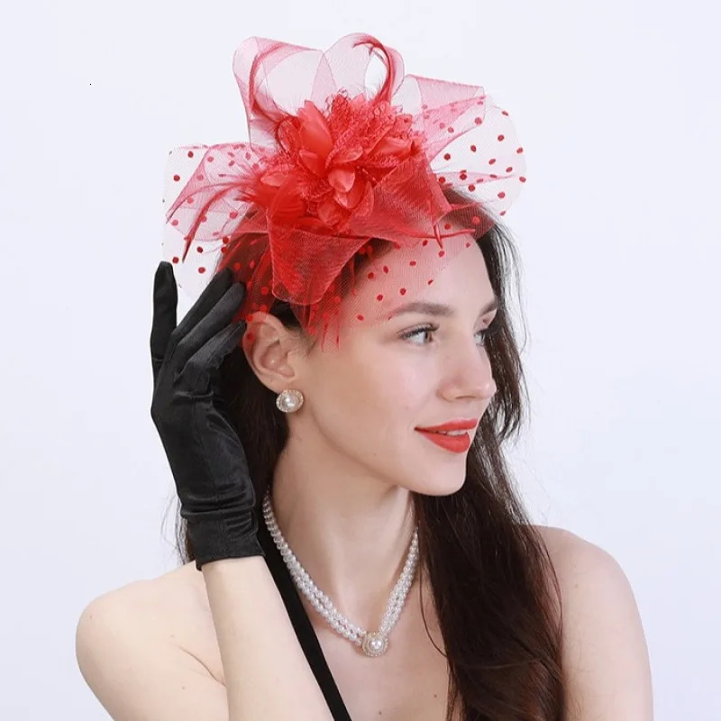 Women Mesh Flower Fascinator Hat Wedding Party Feather Floral Mesh Veil Headband Ladies Cocktail Tea Party Hair Accessories 250520