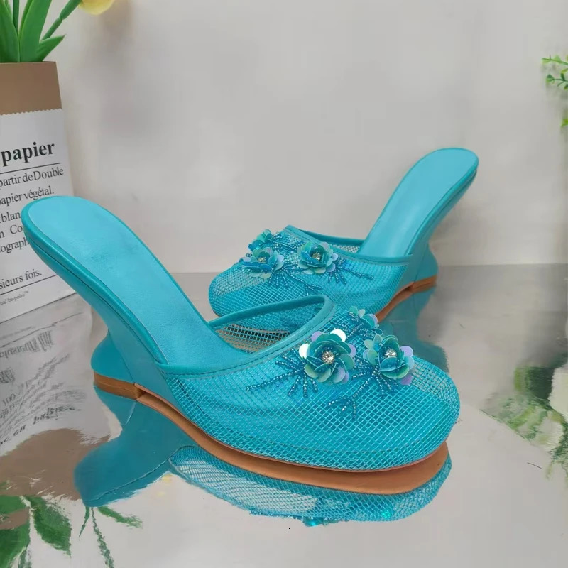 Mesh Beads Embroidered Closed Toe Wedge Slippers Woman Summer Flower Eva HalfCovered High Heel Sandals Outerwear 250526BJ