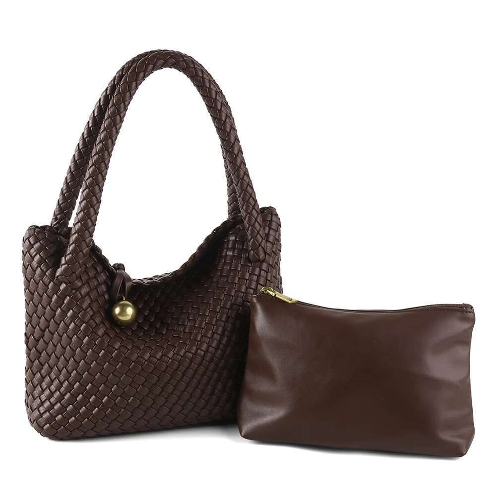 ZR DIARY Fashion Woven Women PU Leather Single Shoulder Retro Golden Bead Decor Hand Carry s Bag BZ bag