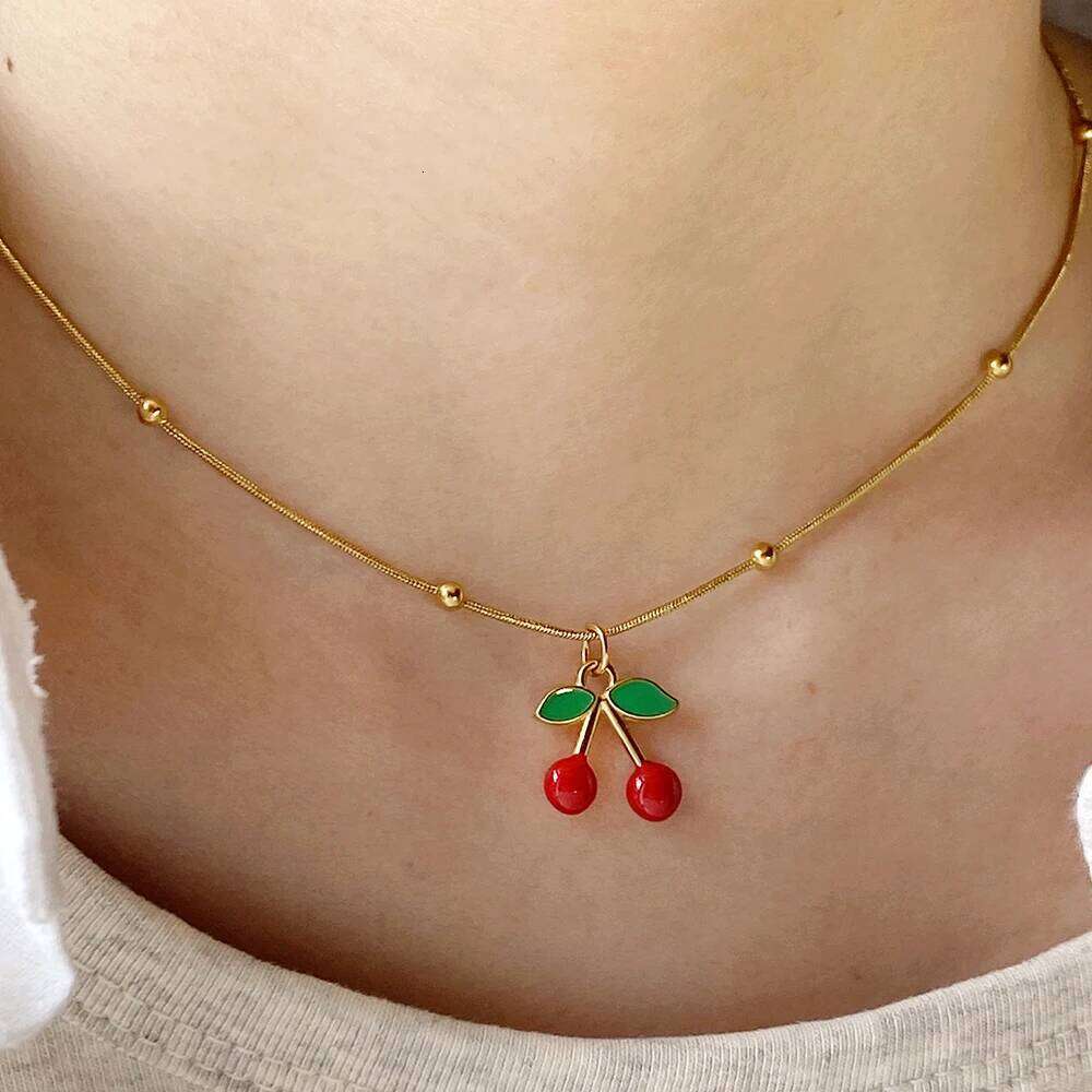 Summer Women's Stainless Steel Pendant Necklace Golden Chain Strawberry Watermelon Cherry Pendants Women Jewelry Sets Gift Trend
