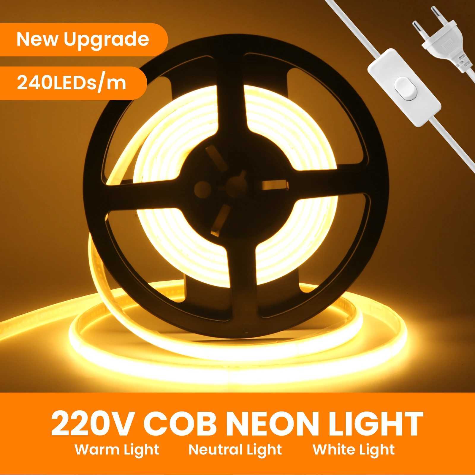 IP65 COB Self-adhesive Tape LED Neon Light Strips AC 230V RA90 Waterproof Outdoor Garden FOB Ribbon Lamp 2Pin Wire/EU Power Plug W250526