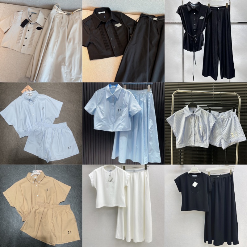 Luxury Brand Women Blouse Pleated Skirt Outfits Designer Summer Resort Shirt Skirts Outfits Belt Black Birthday Party Dinner Tops Set