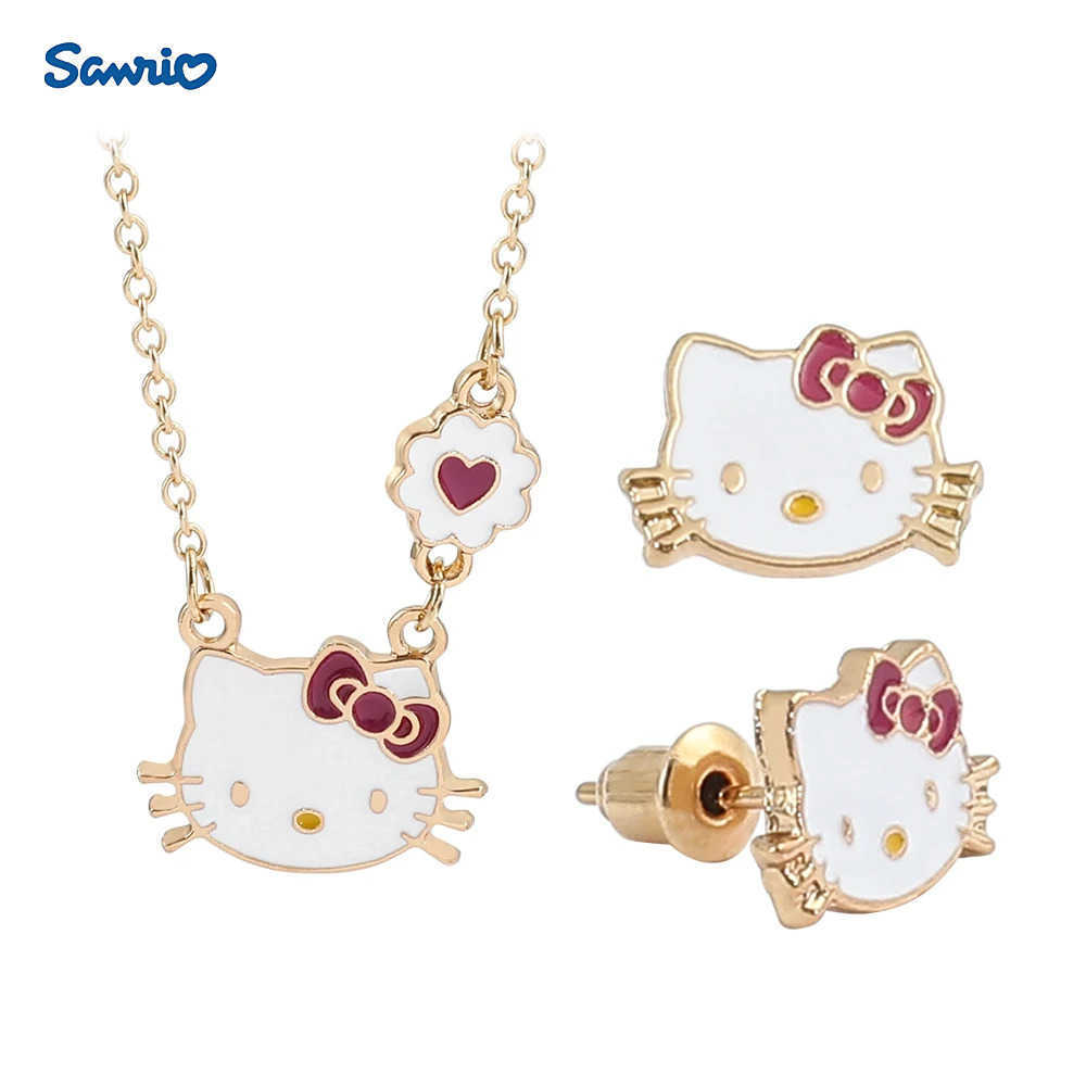 Sweet Sanrio Necklace Hello Kitty Kawaii Kitty Cat Small Earrings Studs for Kids Child Gifts Cartoon Holiday Jewelry Setw250526