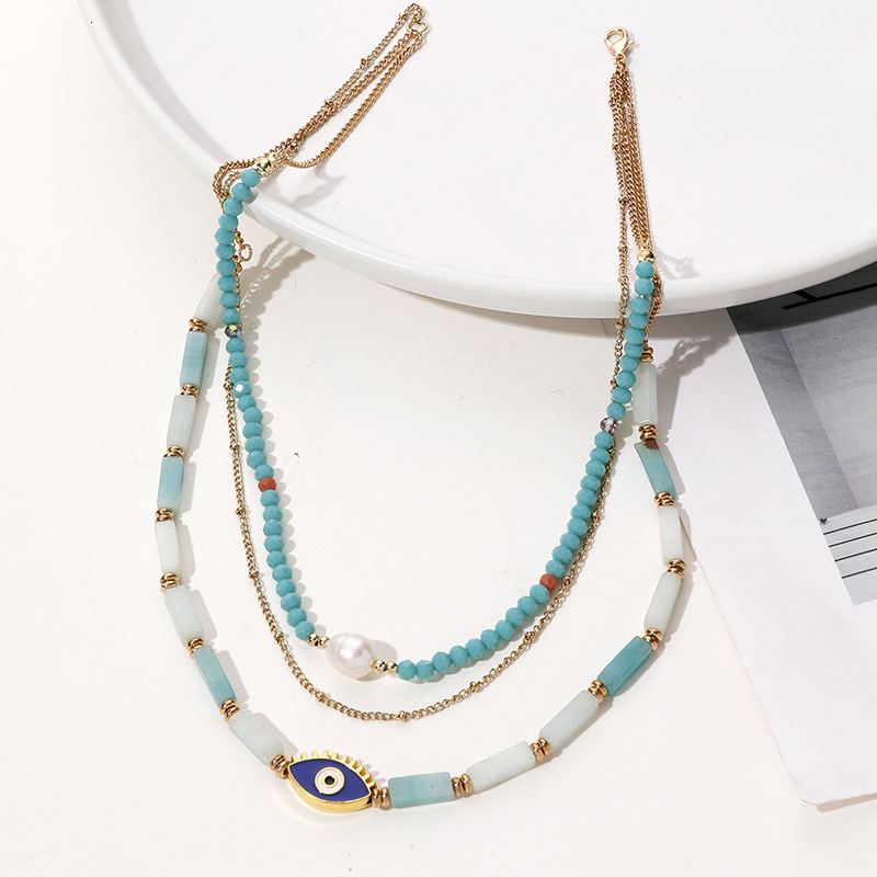 Korean version of multiple necklaces, Devil's Eye necklace, personalized colored beads, natural stone