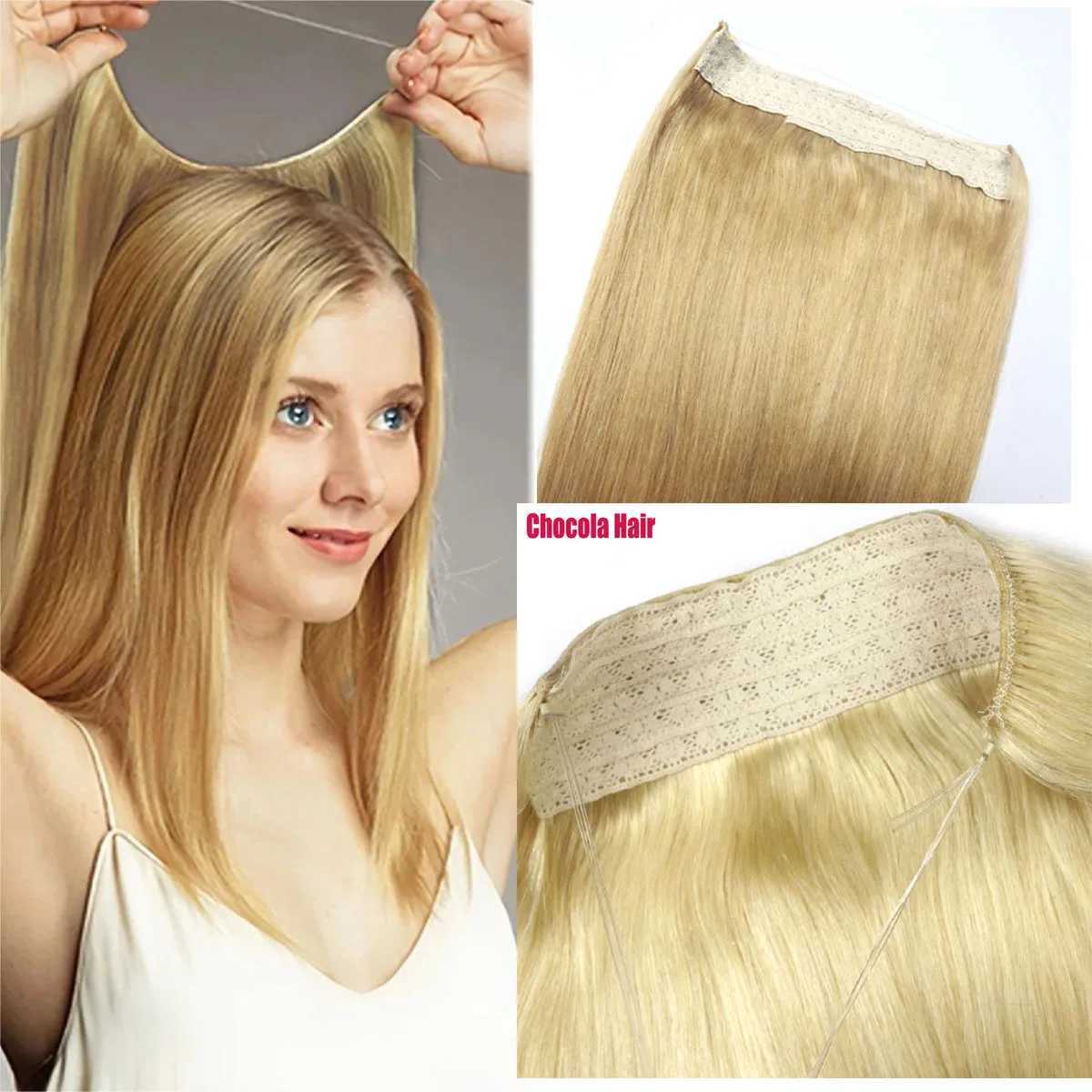 Chocolate Brazilian Remy Human Hair Extensions Secret Wire No Clip Halo Hair Extensions Hidden Wire Adjust S25526