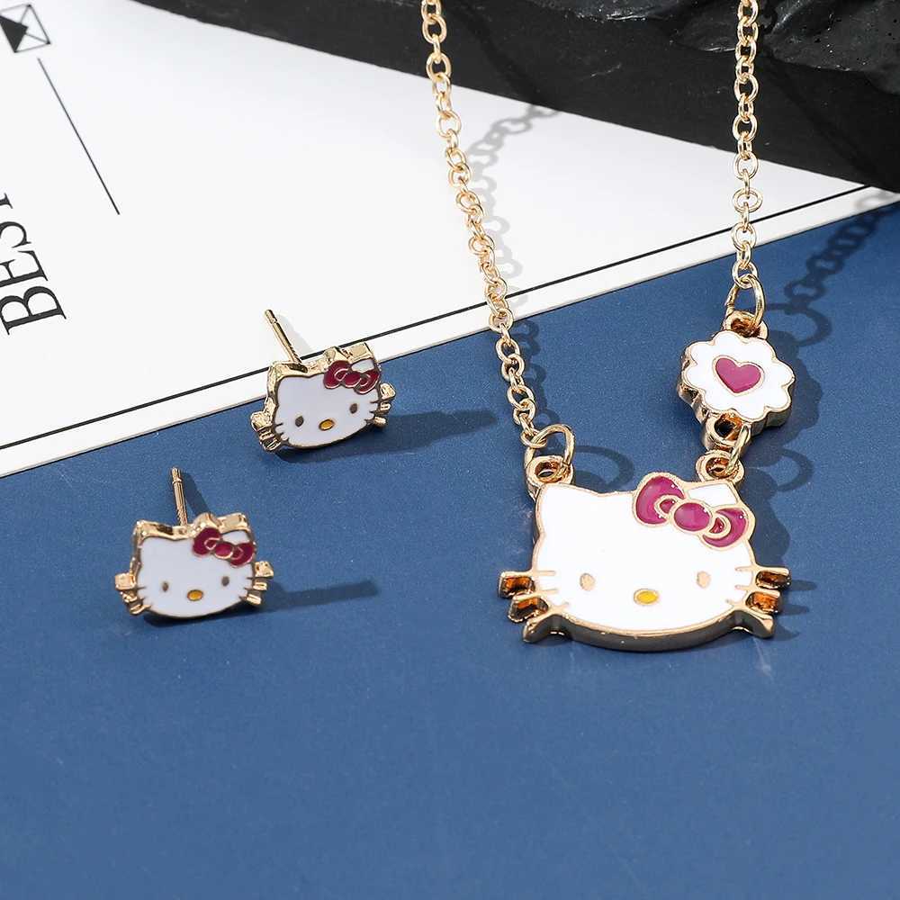 Sweet Sanrio Necklace Hello Kitty Kawaii Kitty Cat Small Earrings Studs for Kids Child Gifts Cartoon Holiday Jewelry Setw250526