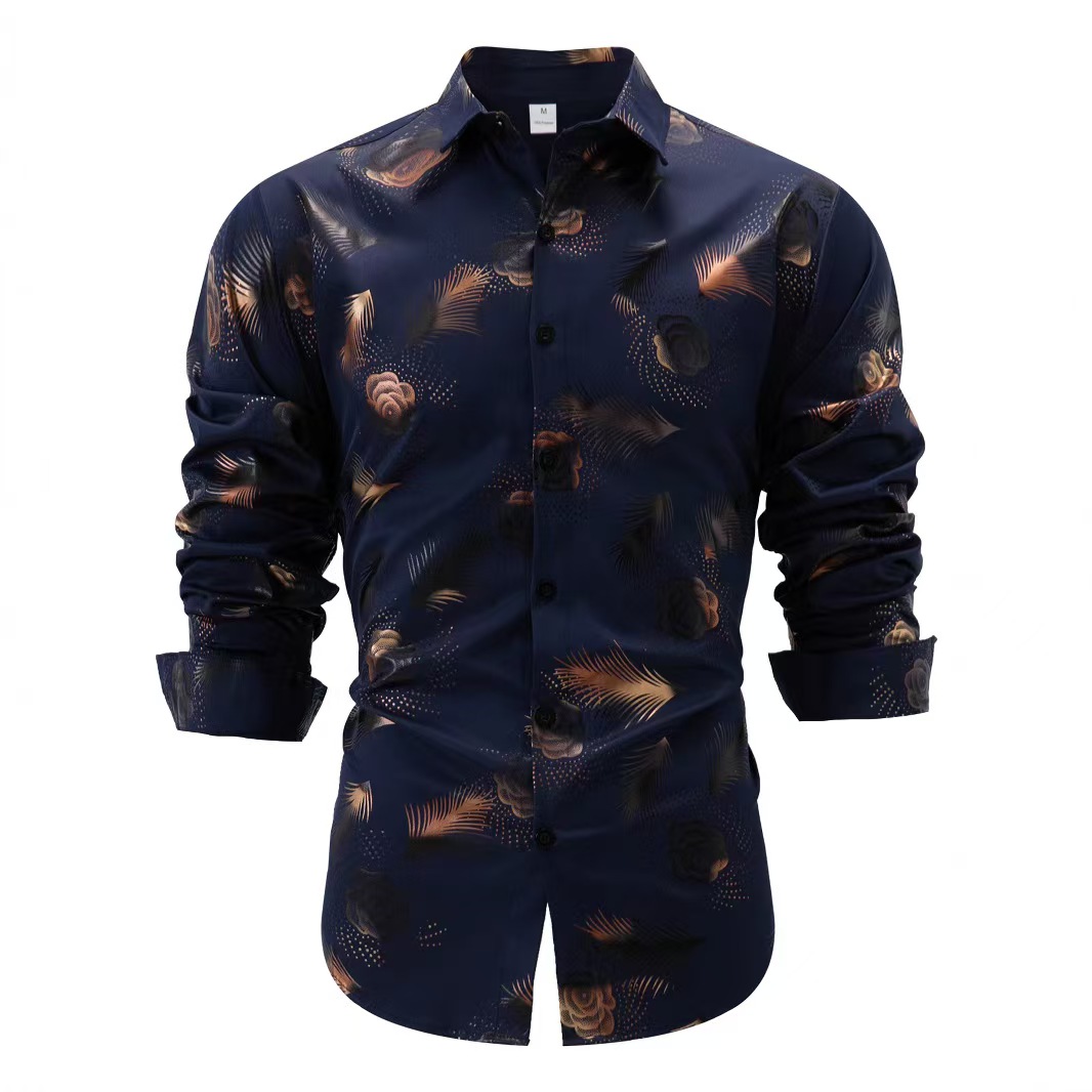 New fashion mens gold foil print casual long sleeve shirt