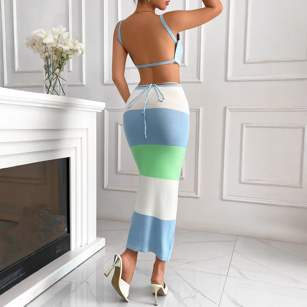 2025 Spring/Summer New Colorful Stripe Contrasting Sleeveless Bareback Strap Slimming Resort Beach Woolen jumpsuit