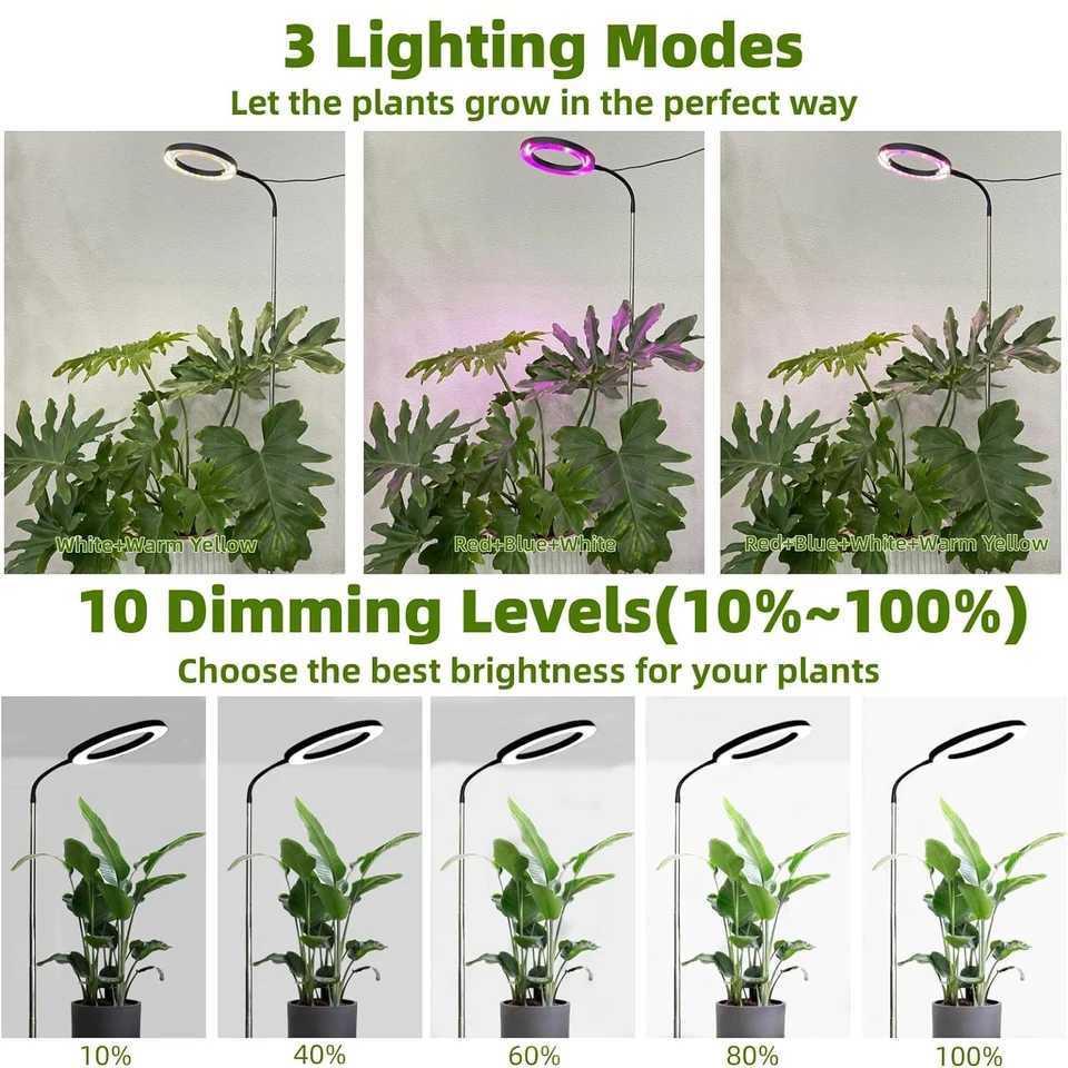 Full Spectrum 72 LEDs Grow Light for Indoor Plants Dimmable 3 Modes Timer Height Adjustable Gooseneck Halo Plant Grow Floor LampXJ250526
