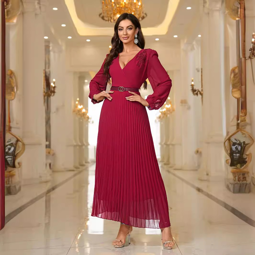 Autumn and winter new dress sexy long sleeved pleated belt ball dress long skirt