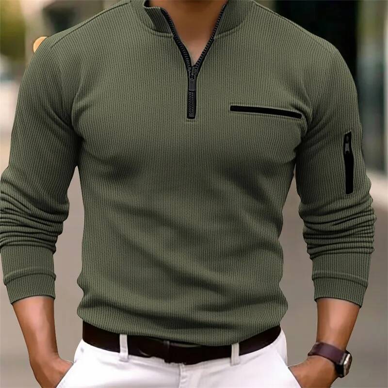 New light mature casual sports retro style striped zipper arm fashion men outdoor long sleeve POLO shirt
