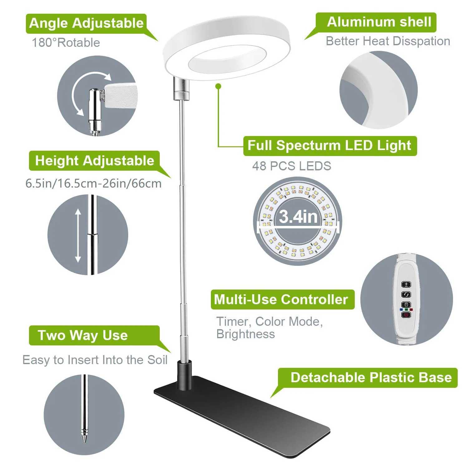 LED Ring Grow Lights Full Spectrum Halo Growing Lamp with Stand Base 3/6/12H Timer White Plant Light for Small Indoor GrowingXJ250526