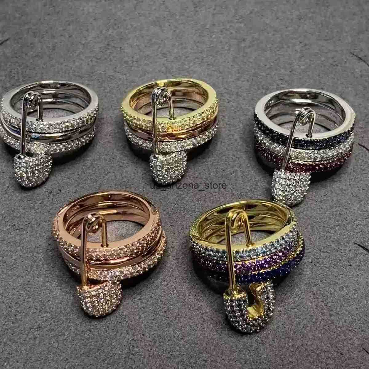 Diamond Lapel Pin Ring Tricolor KGold Paperclip Design with Full Diamond MultiCircle Accents L251027