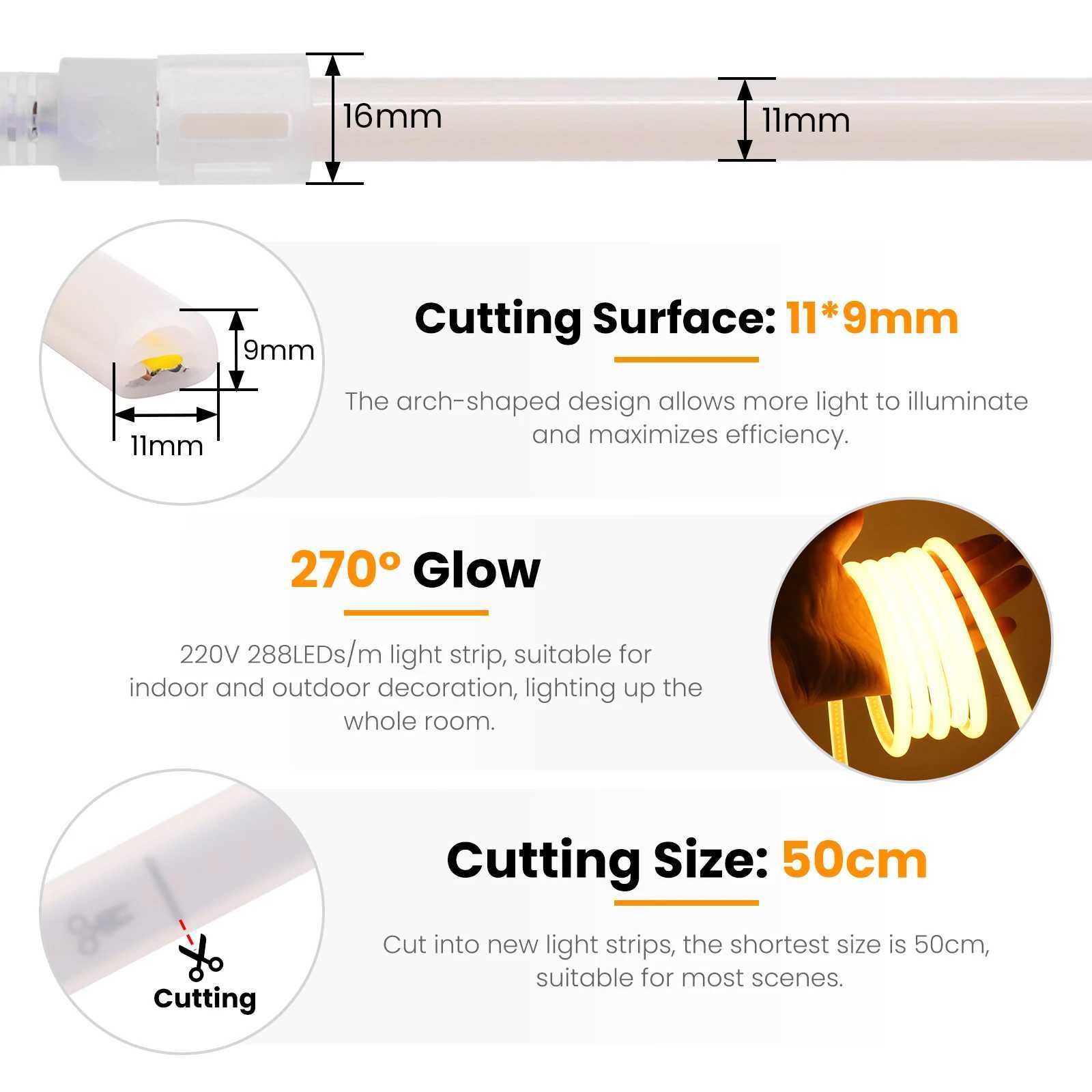 220V COB LED Neon Strip Light 270 Uniform Glow Waterproof 288LEDs/m Flexible Tape with Switch EU Plug for Home Garden Lighting W250526
