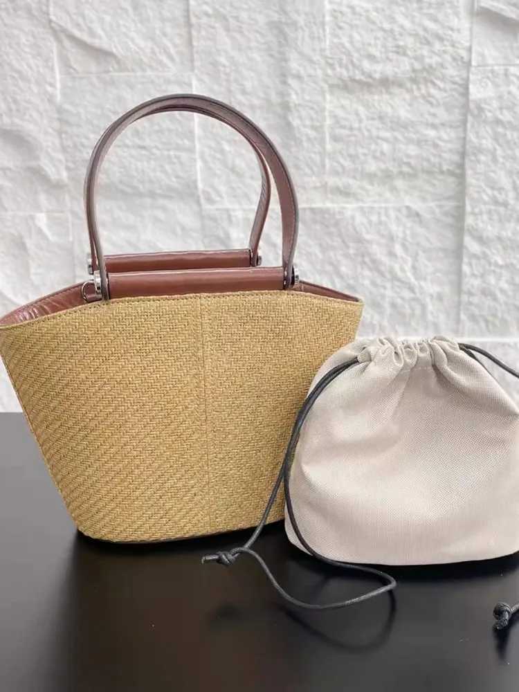 Elegant Ladies Summer New Casual Totes Handmade Straw Bag Women Holiday Beach Bucket Bag Patchwork Large Capacity Shoulder Bag W250524