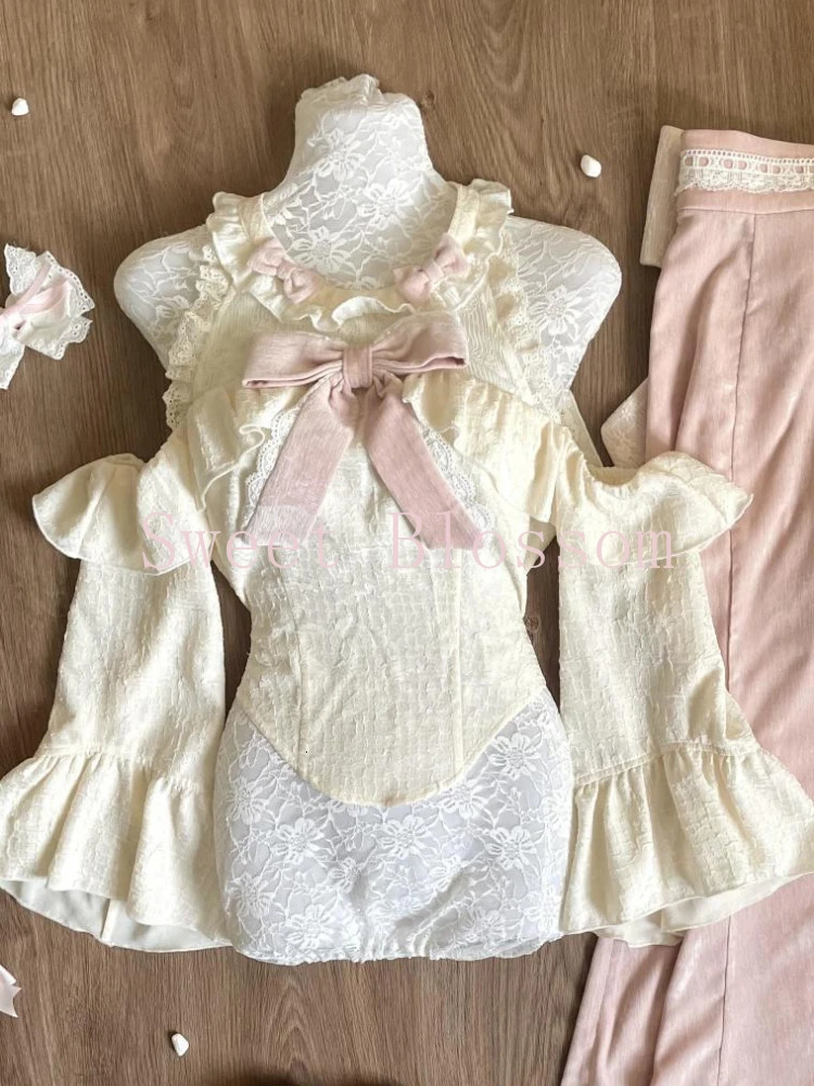 Sweet Fashion Skirts Suit Women Lace Bow Off-the-Shoulder Top High Waist Skirts Japanese Slim Kawaii Y2k 2 Piece Sets 250523