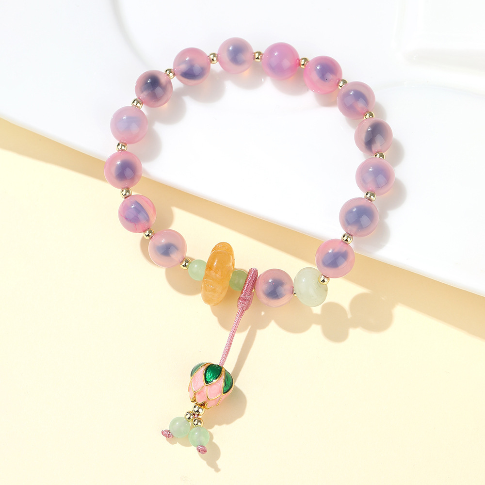 Temple style Sugar Heart Agate Bracelet, Women's New Chinese Handstring, Good Luck Peach Pendant, Bracelet