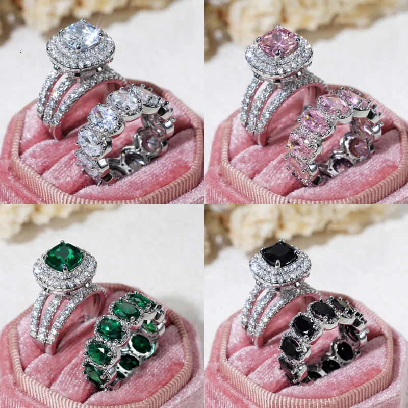 Huitan Gorgeous 2Pcs Wedding Rings for Women White/Pink/Green/Black Cubic Zirconia Set Rings Trendy Engagement Jewelry 250519