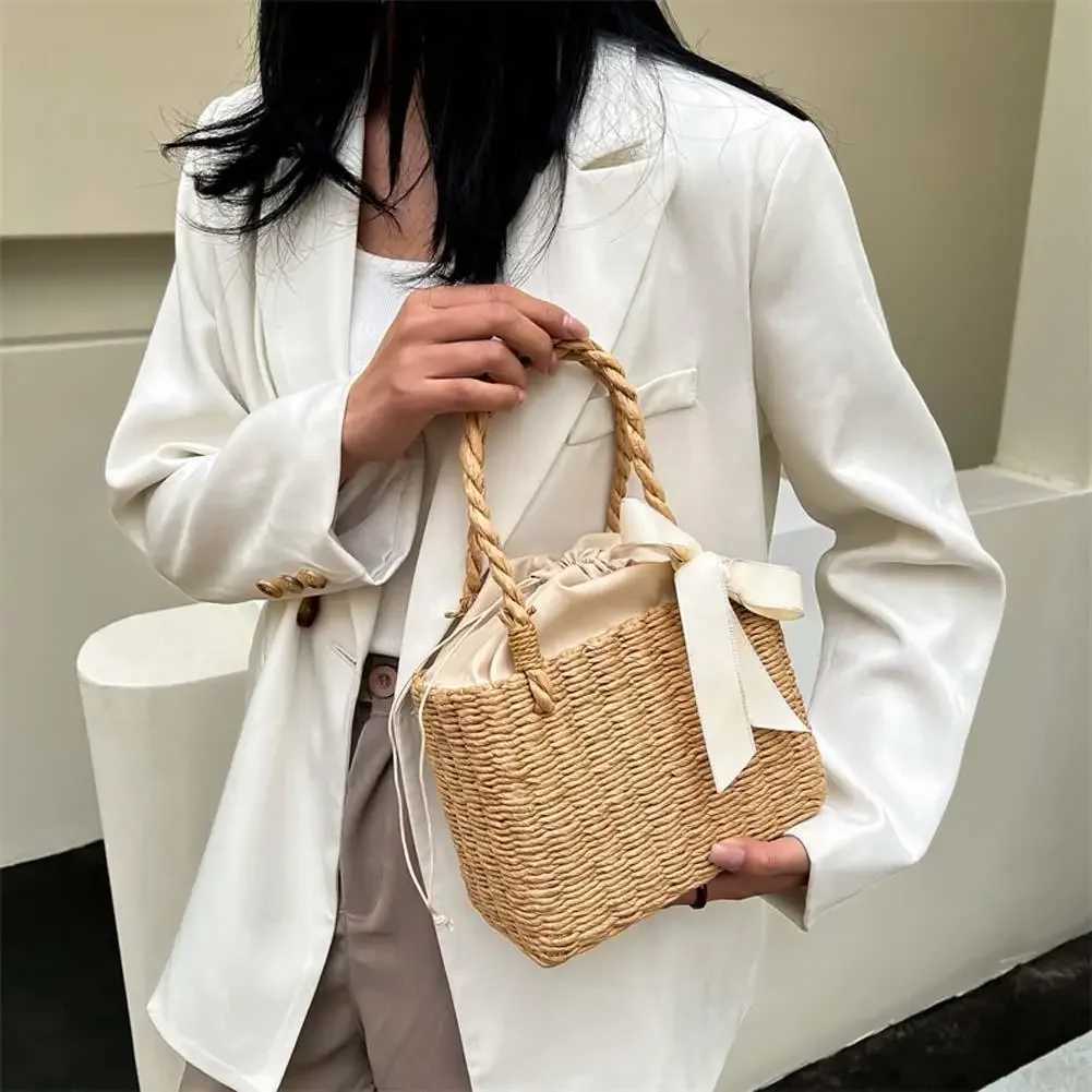 Women Fashion Rattan Silk Ribbon Handbag Straw Square Basket Vintage Tote Clutch W250524