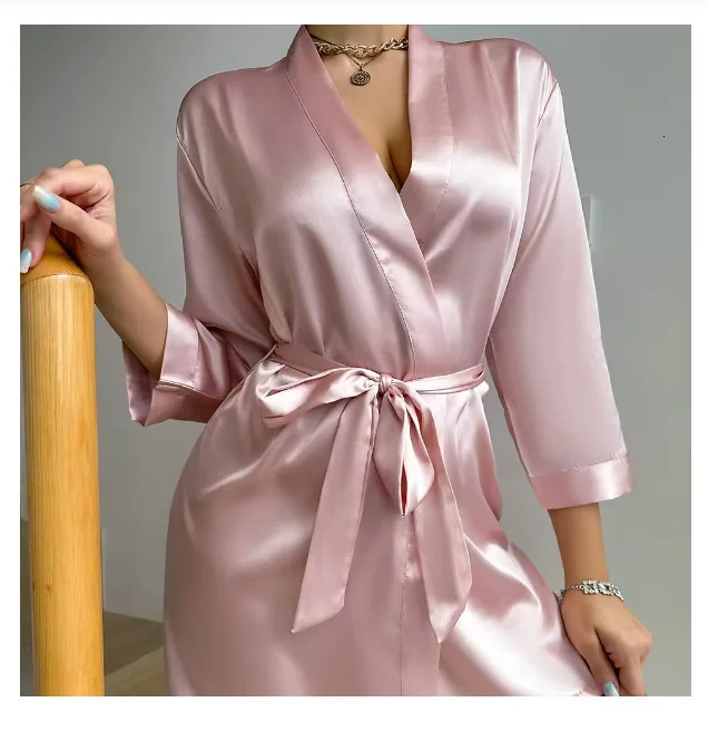 Pajamas women summer European and American ladies lace-up bathrobe sexy morning gown home dress can wear ice silk robe 250519CJ
