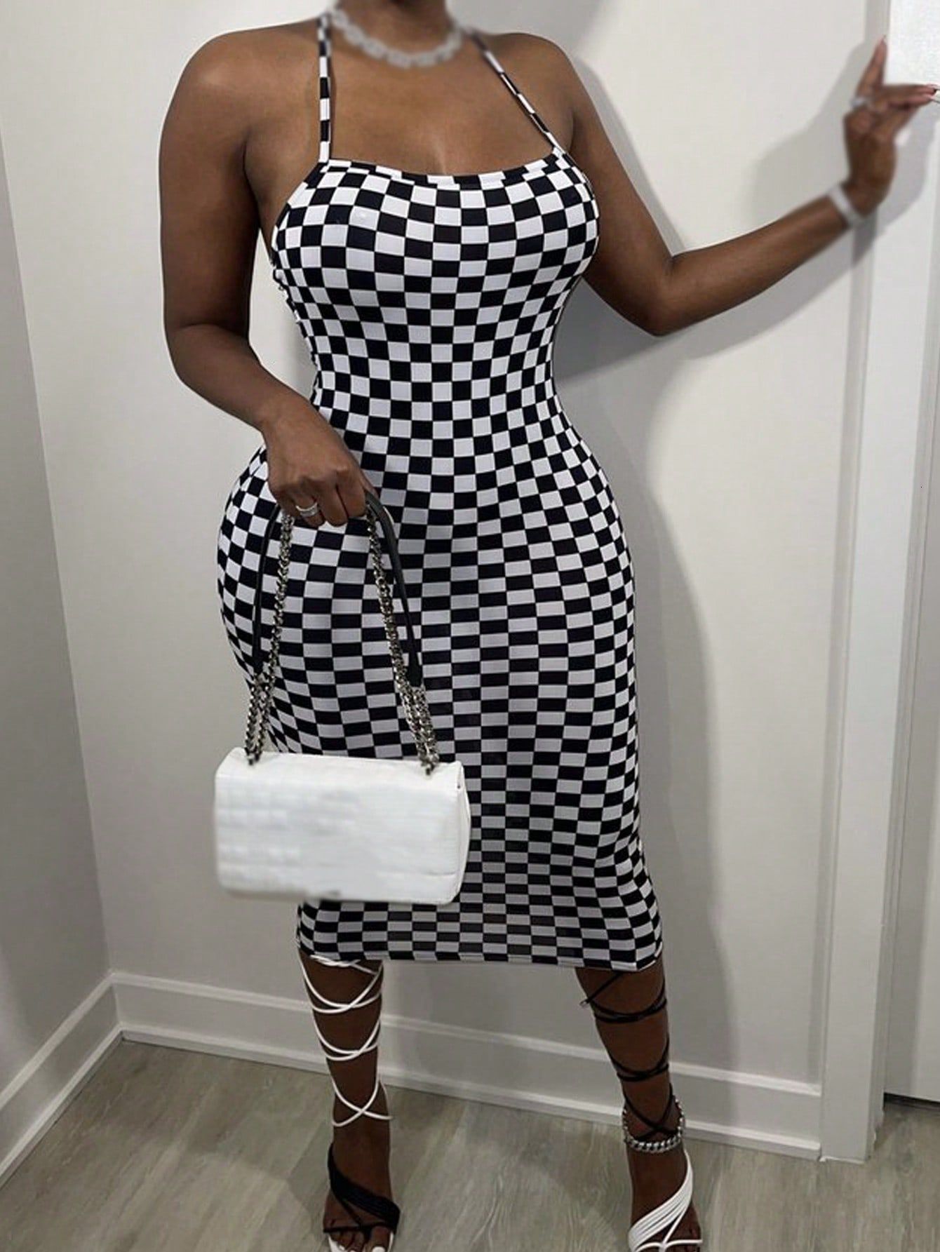 New Sleeveless Hanging Neck Dress Sexy Slim Fit Wrapped Hip Skirt Printed Mid skirt