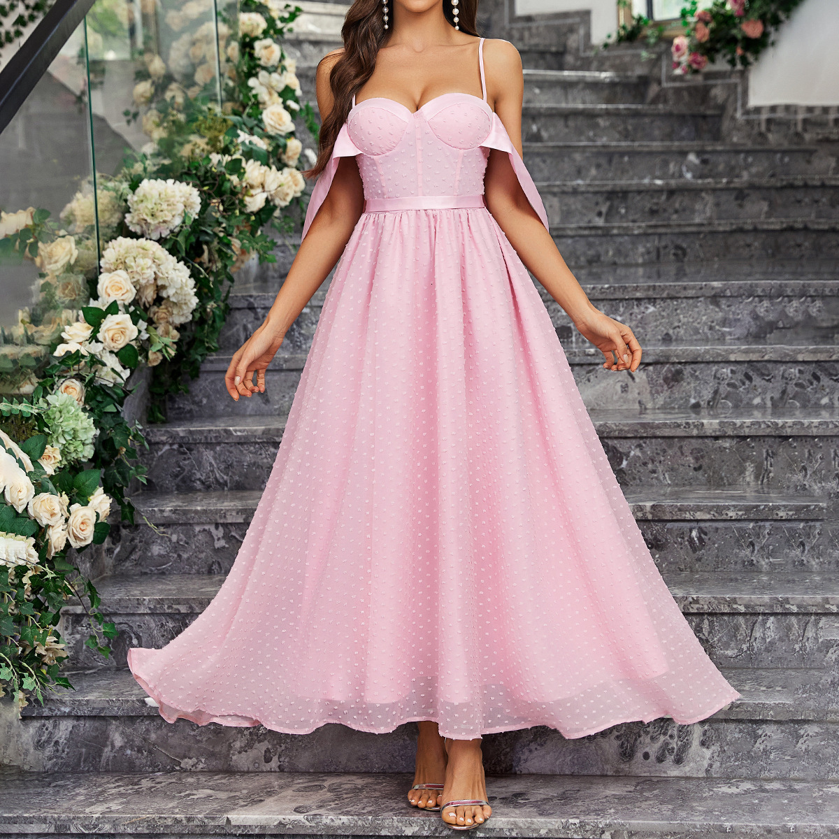 Summer new fashionable sweet backless mesh lace up sexy dress 2025 pink off shoulder