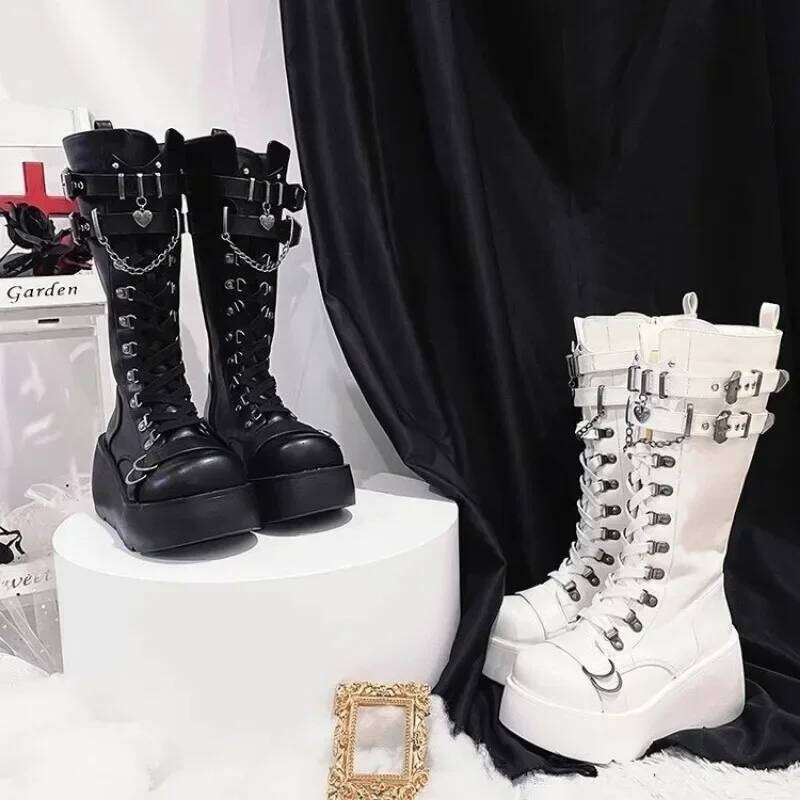 Motorcycle Platform for Women Wedges Knee High Black Lace Up Fashion Goth Gothic Boots Punk Shoes Girls Winter