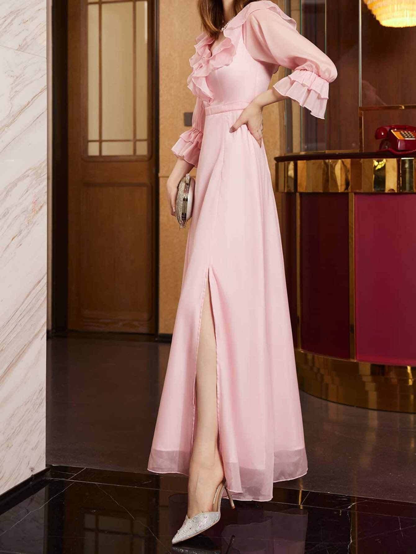 New Womens Dress Sexy Mid Sleeve Pink Long Party Dress