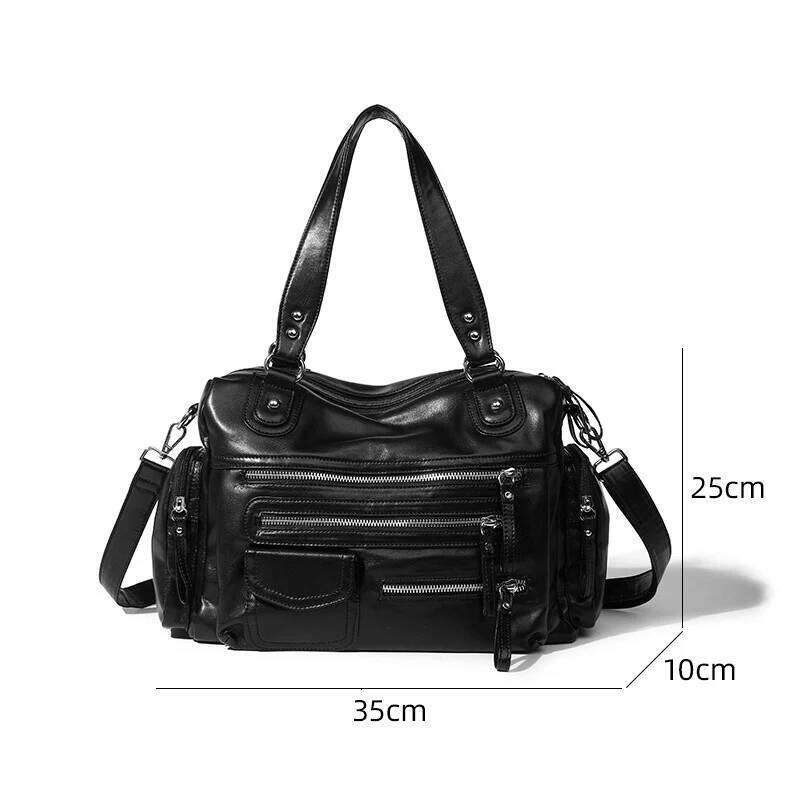 Women's Bags Designer Retro Tote Bag PU Soft Motorcycle Bags Travel Zipper Pocket Fashion Crossbody Pack Outdoor Camping Hiking Weekend Satchel W