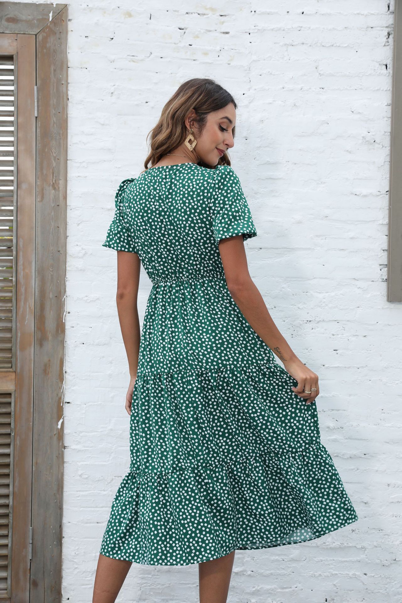 Spring and Summer New Womens V-neck Short Sleeve Dress Polka Dot Casual Mid length Dress