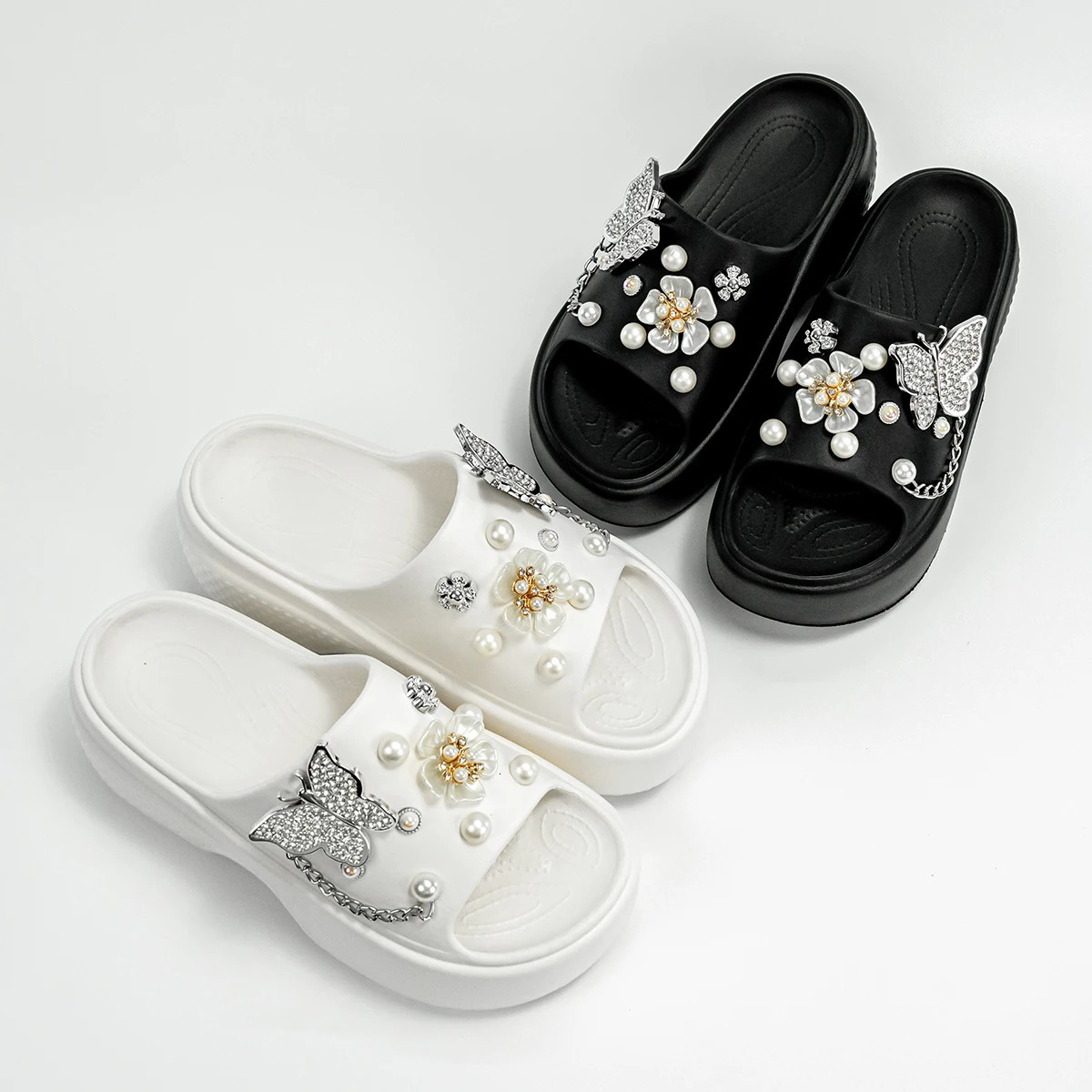 Fashionable Silver Butterfly Flower OneLine Sandals Outdoor ThickSoled Heightening E20 250526