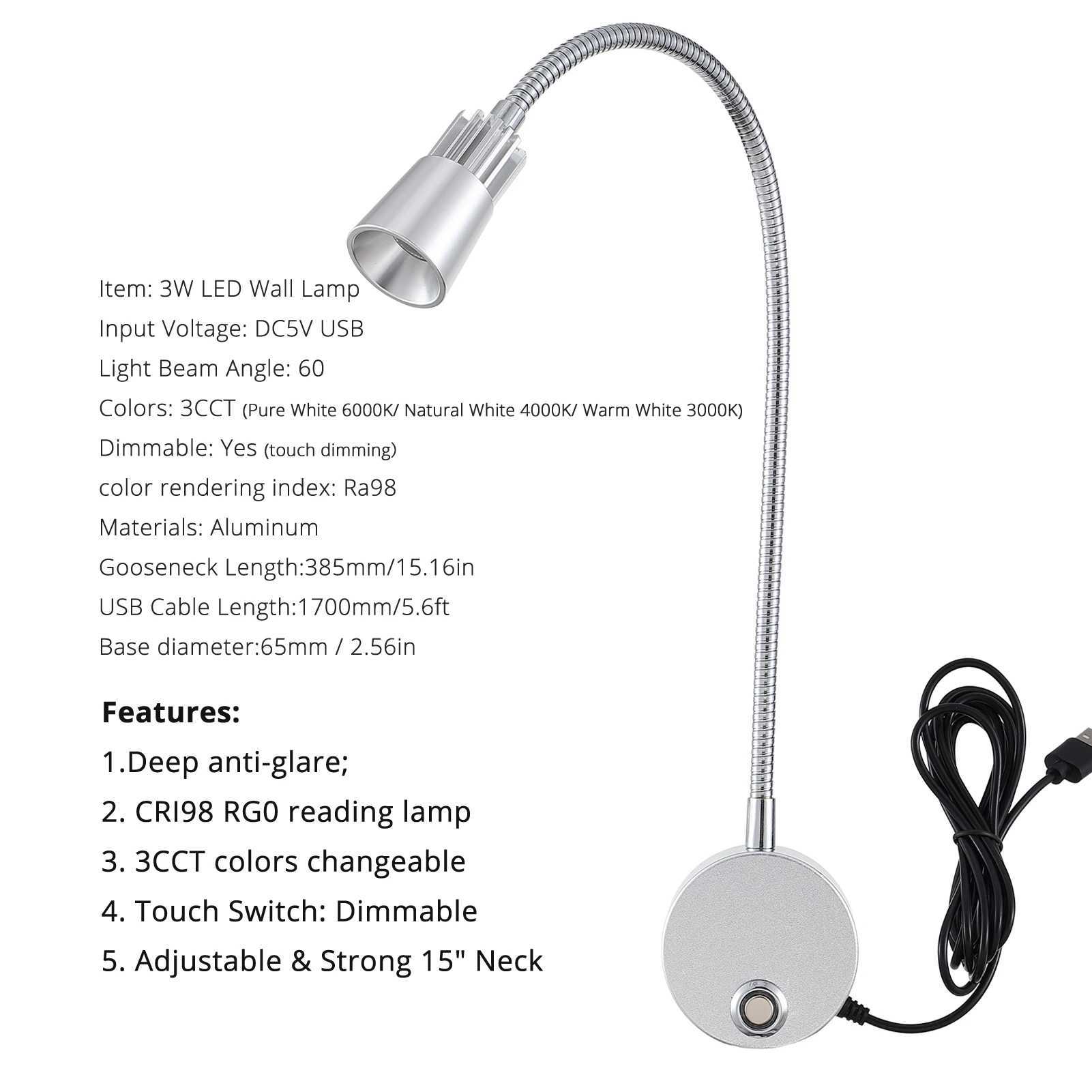 5V USB 3CCT Dimmable Wall Lamp CRI98 RG0 Bedside Reading Lamp Working Spot Light 15 Gooessneck AdjustableXJ250526