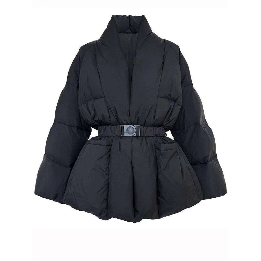 LANMREM V-Neck Waist Wrapped Down Coat Female Long Sleeves Solid Color Belt Warm Fashion Streetwear Coats 2024 Winter 2Da8029