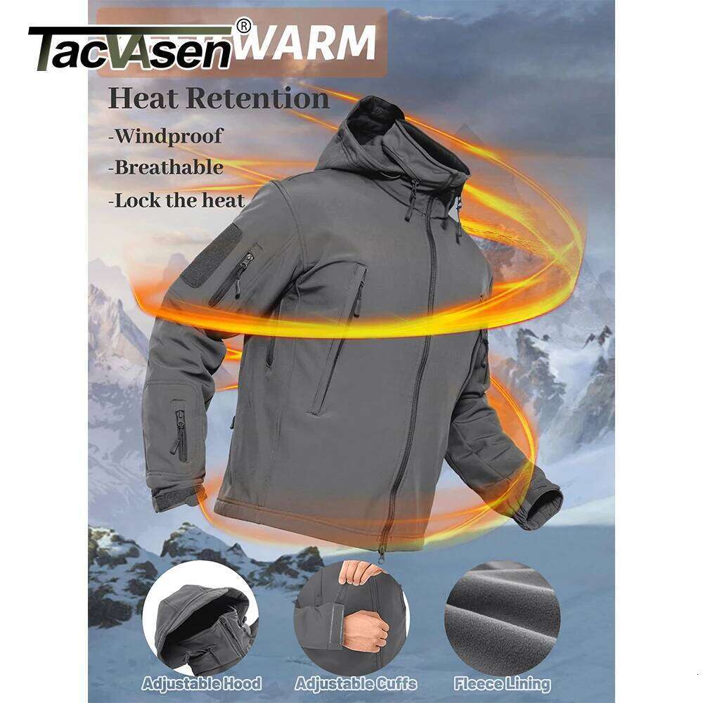 TACVASEN Men's Winter Outdoor Jacket Soft shell Waterproof Hooded Full Zip Up Windproof Fleece Warm Working Hiking Coat