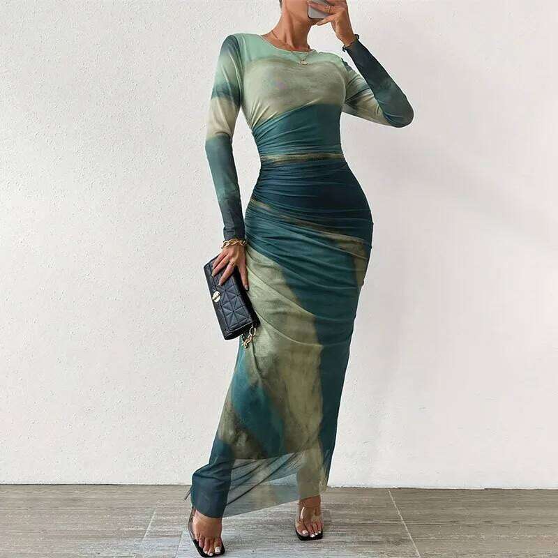 Tie Dye Green Mesh Corset Autumn Elegant Women Dresses Bodycon Long Sleeve Print Maxi Ruched Through Female Dress