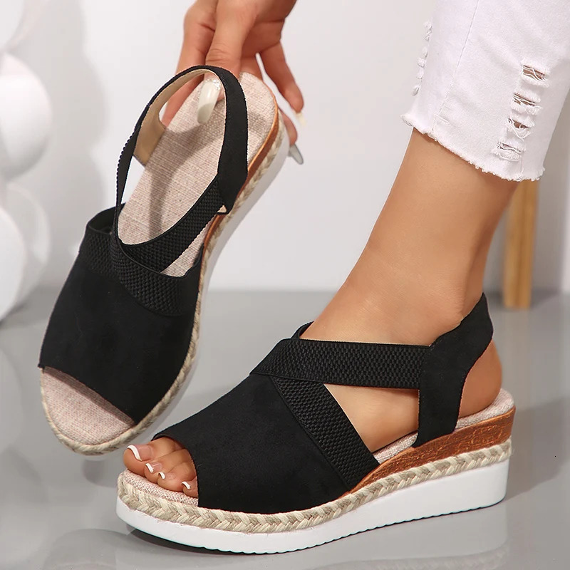 Comfortable Elastic Band Wedges Sandals Women 2025 Plus Size 36-43 Platform Rome Sandles Woman Lightweight Summer Beach Shoes 250519