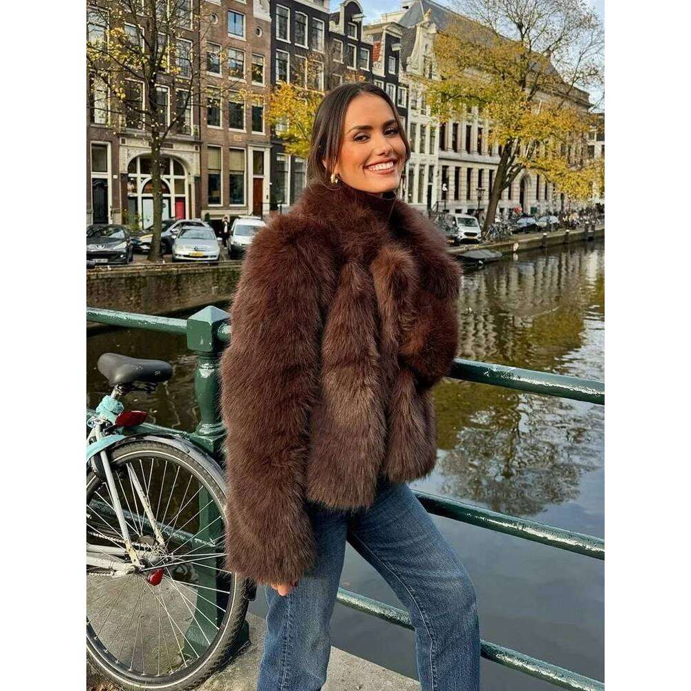 PB&ZA Women's 2024 Autumn/Winter New Jacket Flip Collar Artificial Fur Effect Brown Maillard Short Coat