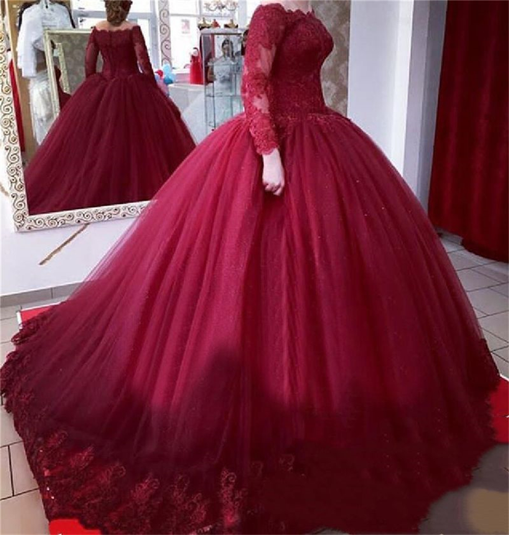 Ball Gown Quinceanera Dresses Burgundy Long Sleeve Bateau Appliques Lace Tulle Plus Size Sweet 15 16 Princess Birthday Party Gowns Vestidos De 15 Anos