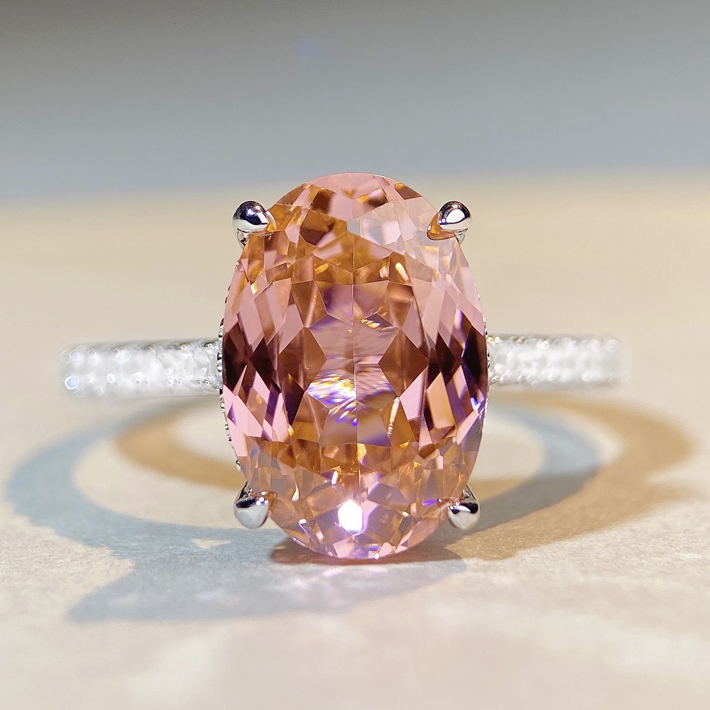 6CT oval S925 sterling silver gemstone blue crystal pink high carbon diamond princess ring personalized fashionable luxurious hand-set pigeon egg-shap
