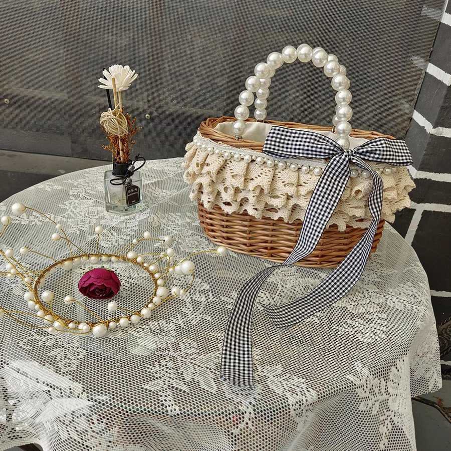 Summer Wicker Woven Basket Bags Pearl Hand Rattan Women Handbags Handmade Lace Beach Straw Tote Bag Travel Designer Shoulder Bag W250524
