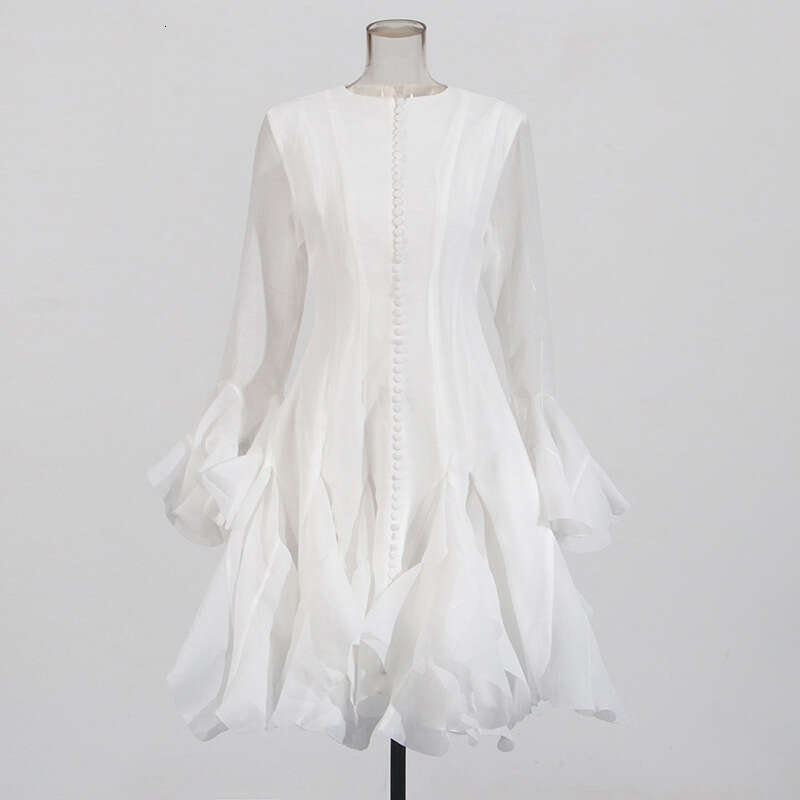 Backless Sexy Dress French Elegant Style Round Neck Patchwork Ruffle New Bell Sleeve Mid Length Dress For Women Sexy Flowy Dresses